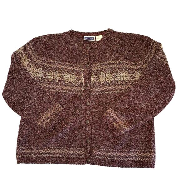 Vintage Erika & Co Textured Knit Fair Isle Cardigan Sweater Women's L | Maroon - Picture 1 of 11